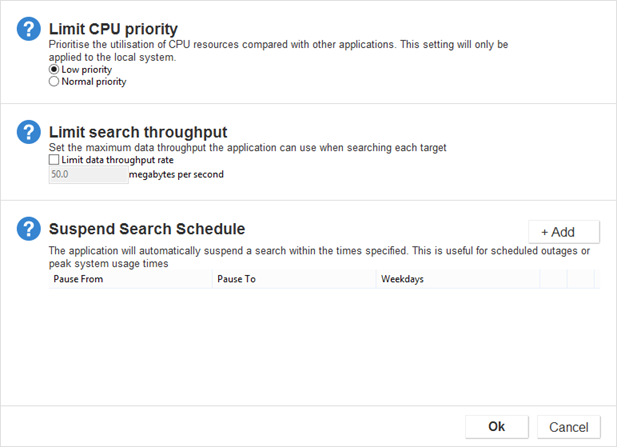 Manage the CPU priority, search throughput and scan pause window in the "Resource Usage Management" dialog box.