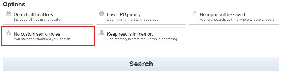 Click "No custom search rules" to set custom search filters for specific types of data in Card Recon.