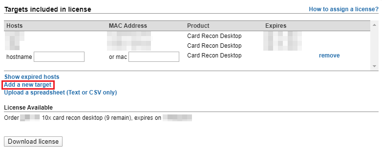 Click "Add a new target" to manually assign a license to a new Target.