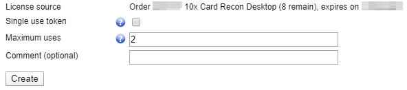 "Add new scan token" dialog box with the license source listed as "Order G28212" and the maximum uses set as "2".