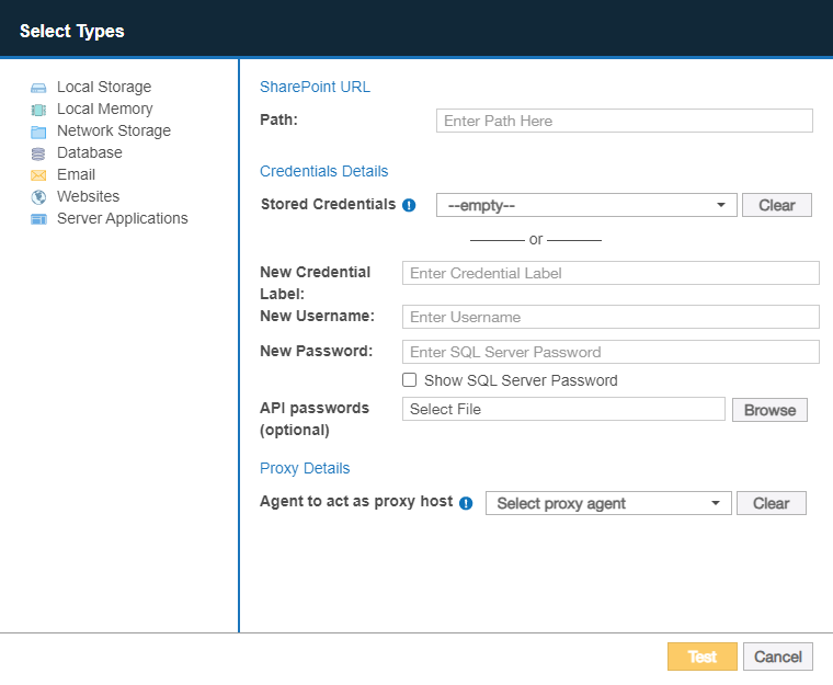 Dialog box to configure the path, credentials and proxy agent for a SharePoint Server Target.