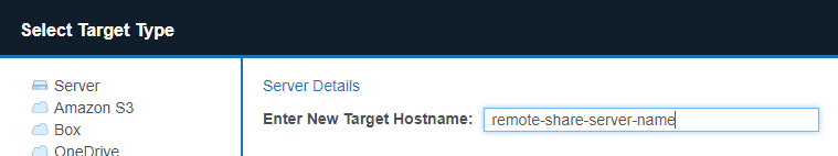 Example of Server Details dialog box with Windows Share Target host name set to "remote-share-server-name".