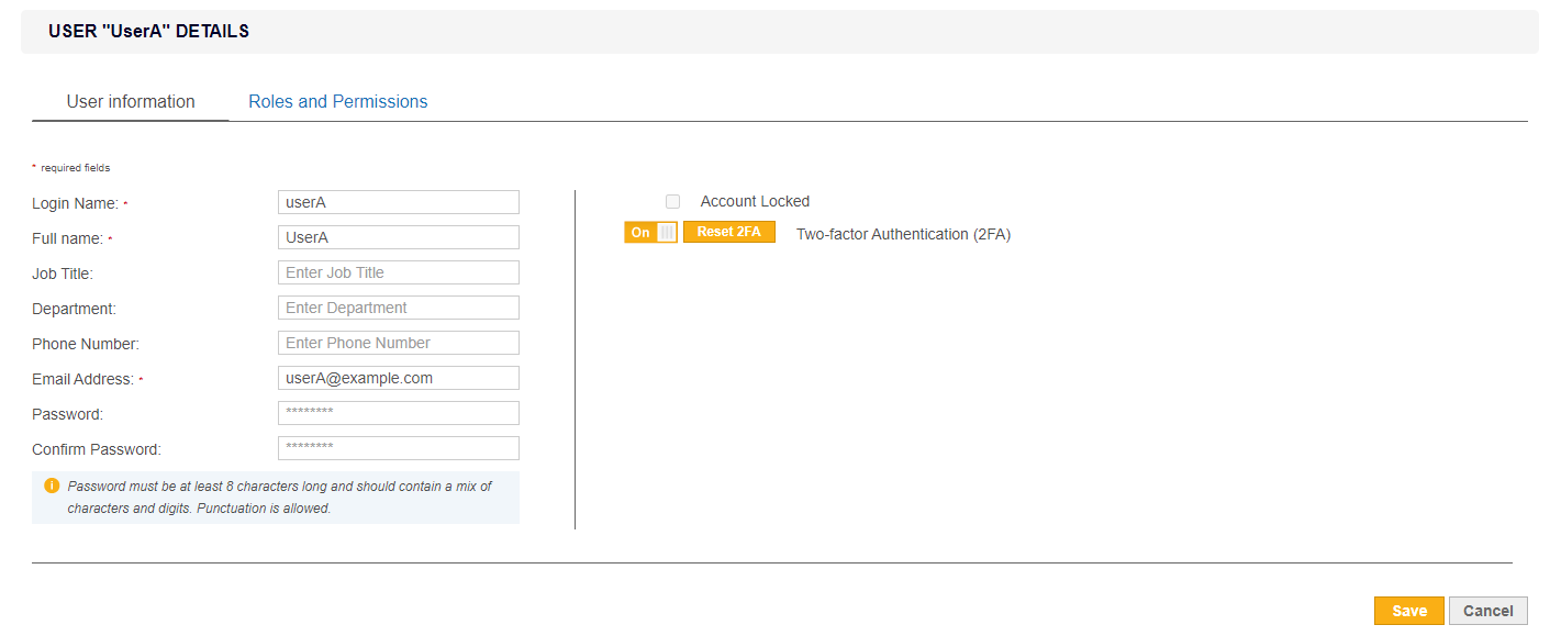 Reset Two-factor Authentication (2FA) for individual user accounts by clicking Reset 2FA in User Details page.