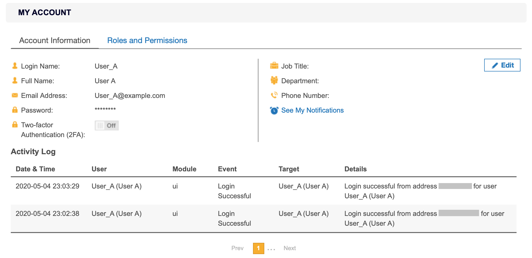 My Account Details page displaying the account information for User_A.