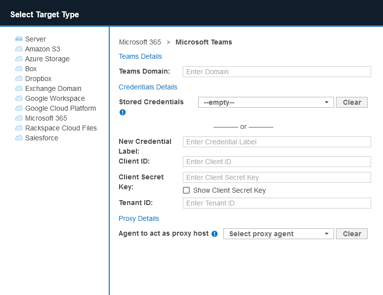 Dialog box to configure the path, credentials and proxy agent for Microsoft Teams Targets.