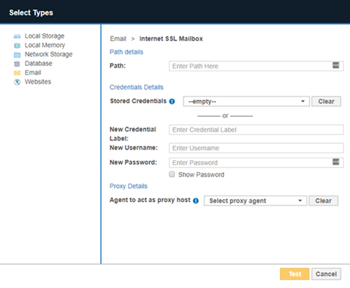 Dialog box to configure the path, credentials and proxy agent for an Internet SSL Mailbox Target.