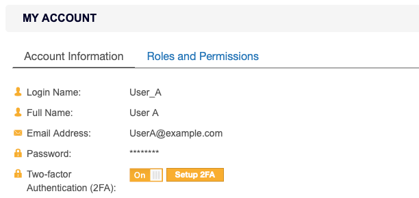 Two-factor Authentication (2FA) enabled for User A in My Account details page.