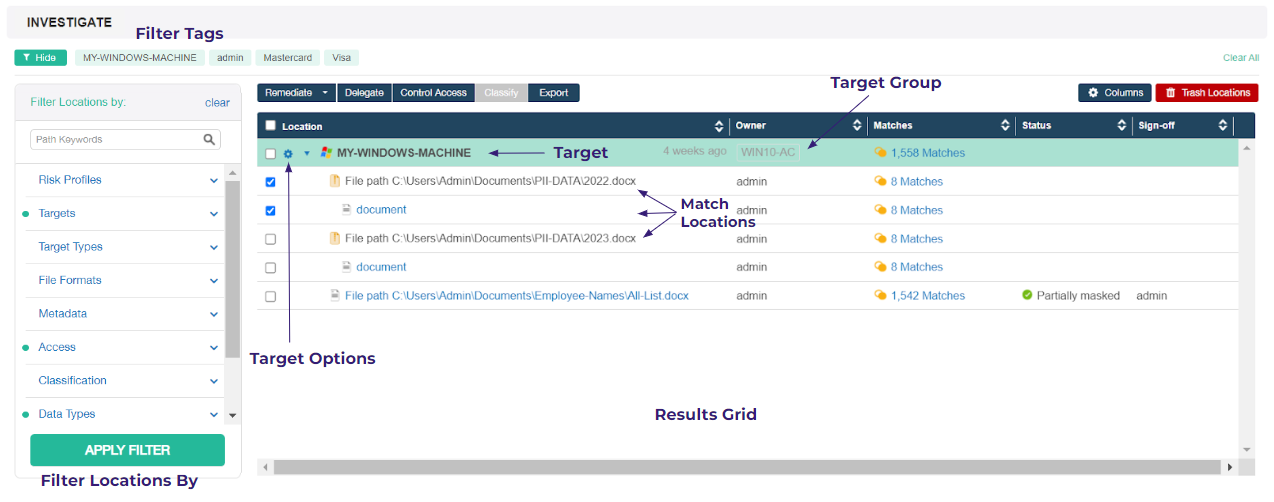 Components in the Investigate page.