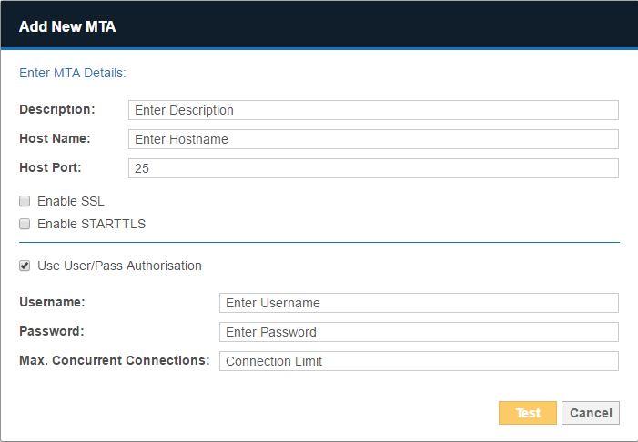 Dialog box to configure the host name, port and other settings to add a new MTA.