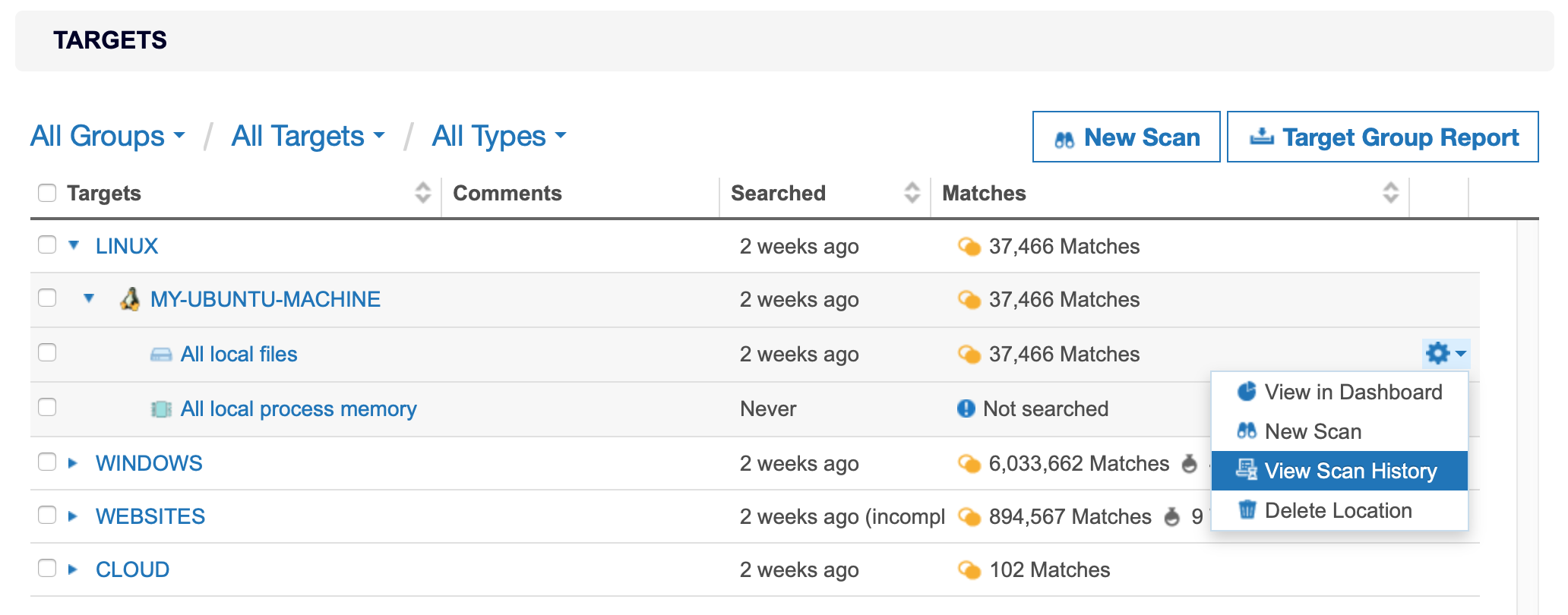 View Scan History option in dropdown box for a selected Target location.