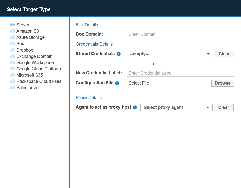 Example of Box dialog box to configure the path, credentials and proxy agent for a Box Target