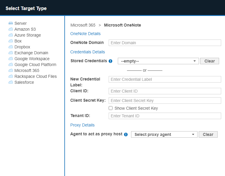 Dialog box to configure the path, credentials and proxy agent for Microsoft OneNote Targets.