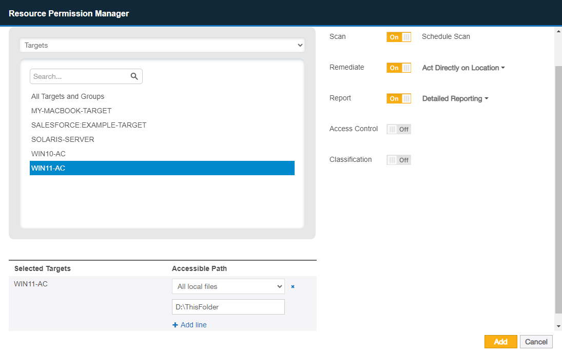 Resource Permission Manager dialog box with Scan, Remediate and Report permissions enabled for specific paths on WIN10-AC.